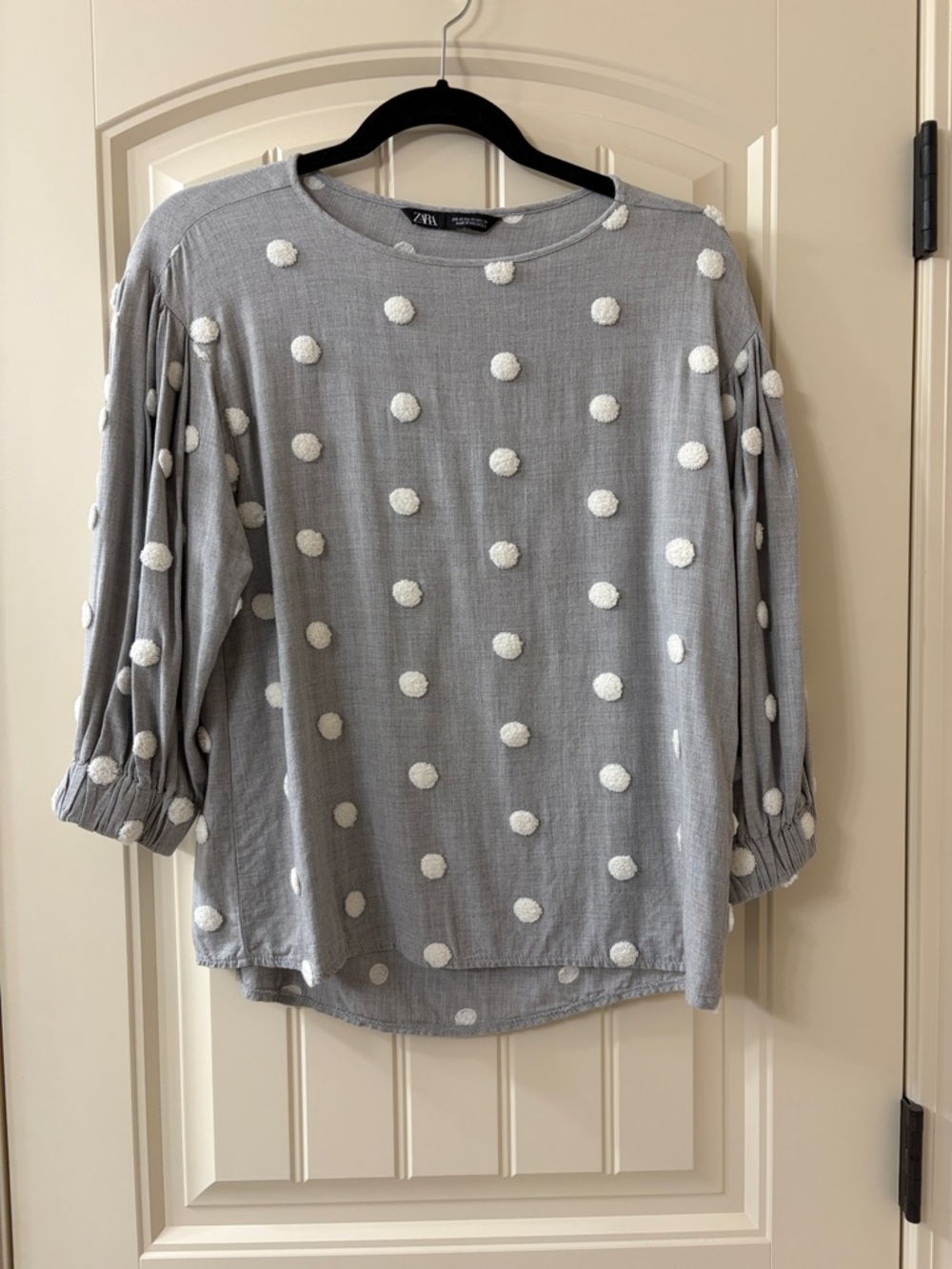 Zara Light Gray Pom-Pom Detail Puff Sleeve Blouse, XS